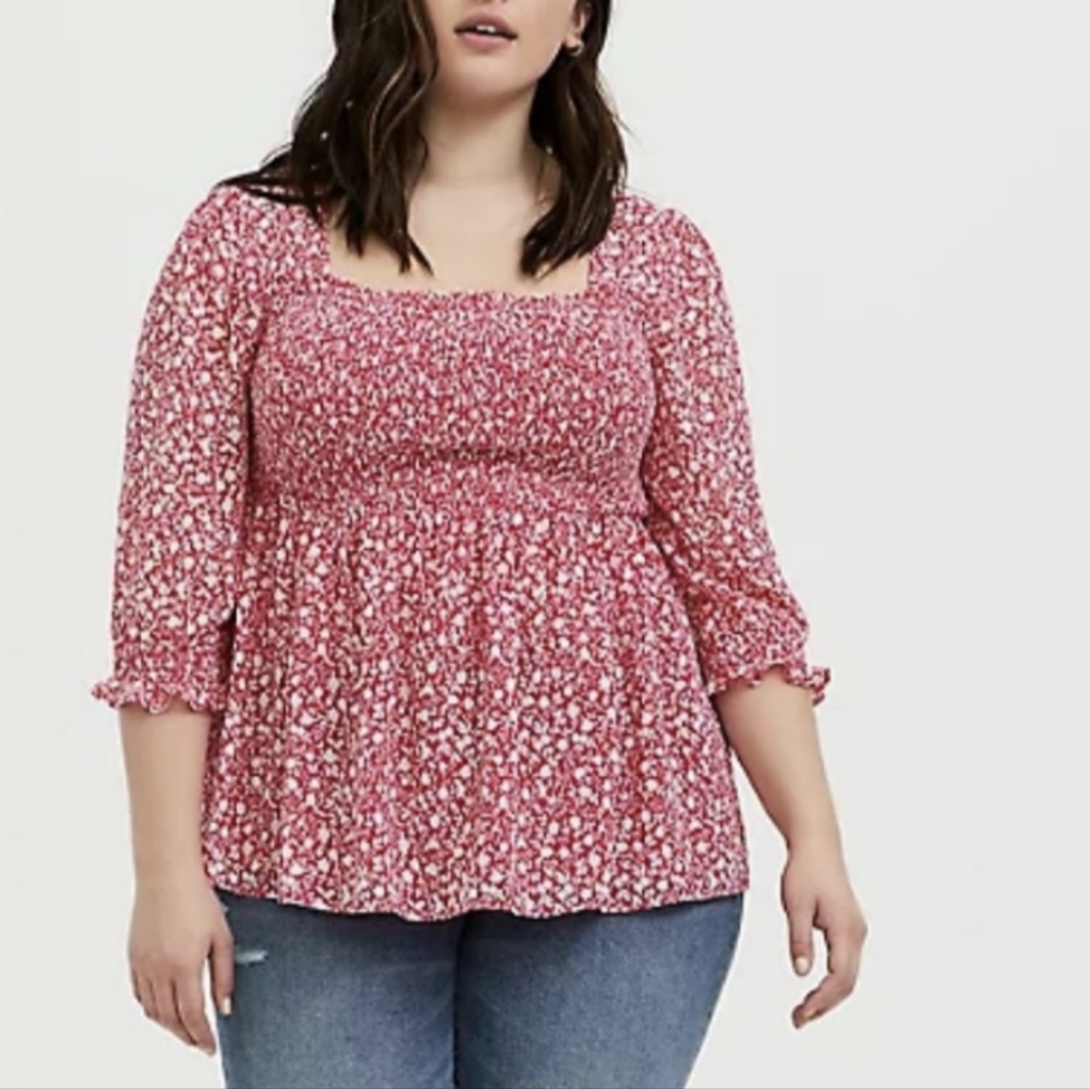 Torrid Top 1 Dark Pink White Floral Print Smocked - Picture 1 of 14